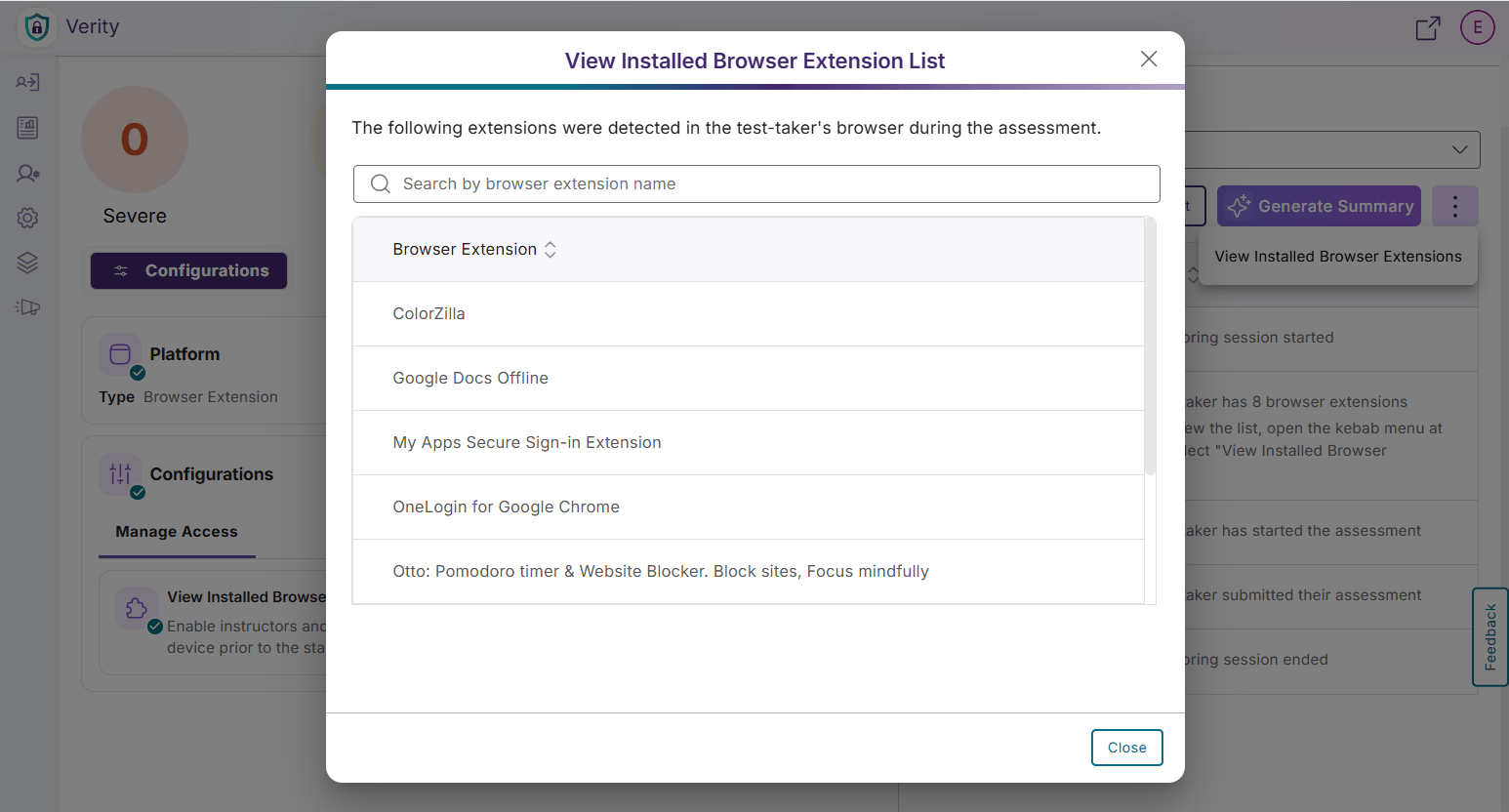 A modal in Verity showing all browser extensions detected in the test-taker's environment during the assessment.