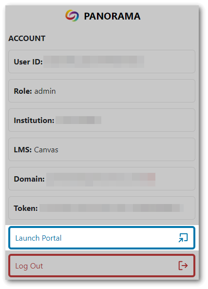 Panorama's browser extension showcases the new UI featuring User ID, Role, Inistution, LMS, Domain, token, Launch Portal, and log-out buttons.