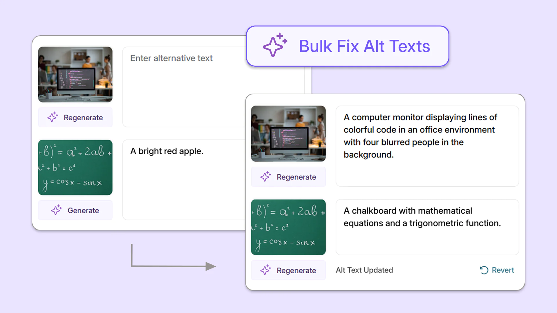 Screenshot of a software interface for generating and bulk fixing alternative text descriptions.