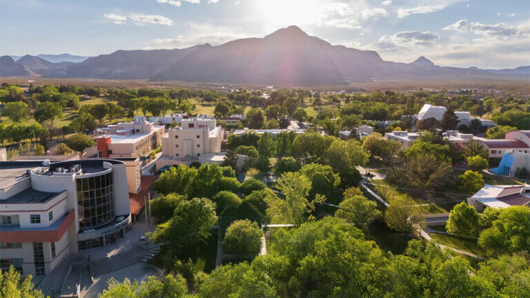 An aerial view of the New Mexico Institute of Mining and Technology campus in Socorro, New Mexico.