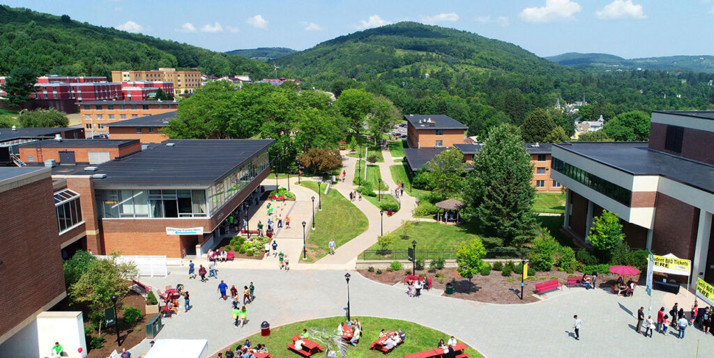 An aerial view of the SUNY Delhi college campus in Delhi, New York.