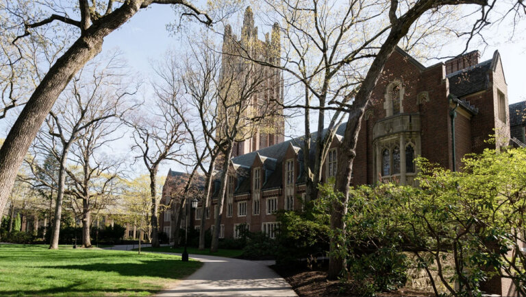 A campus building at Wellesley College surrounded by trees.