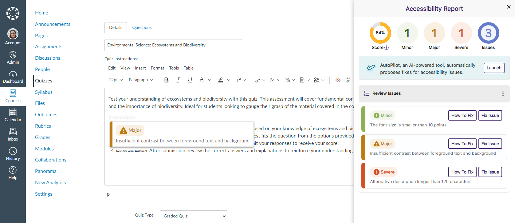 The Accessibility Report is shown in Canvas Quizzes.