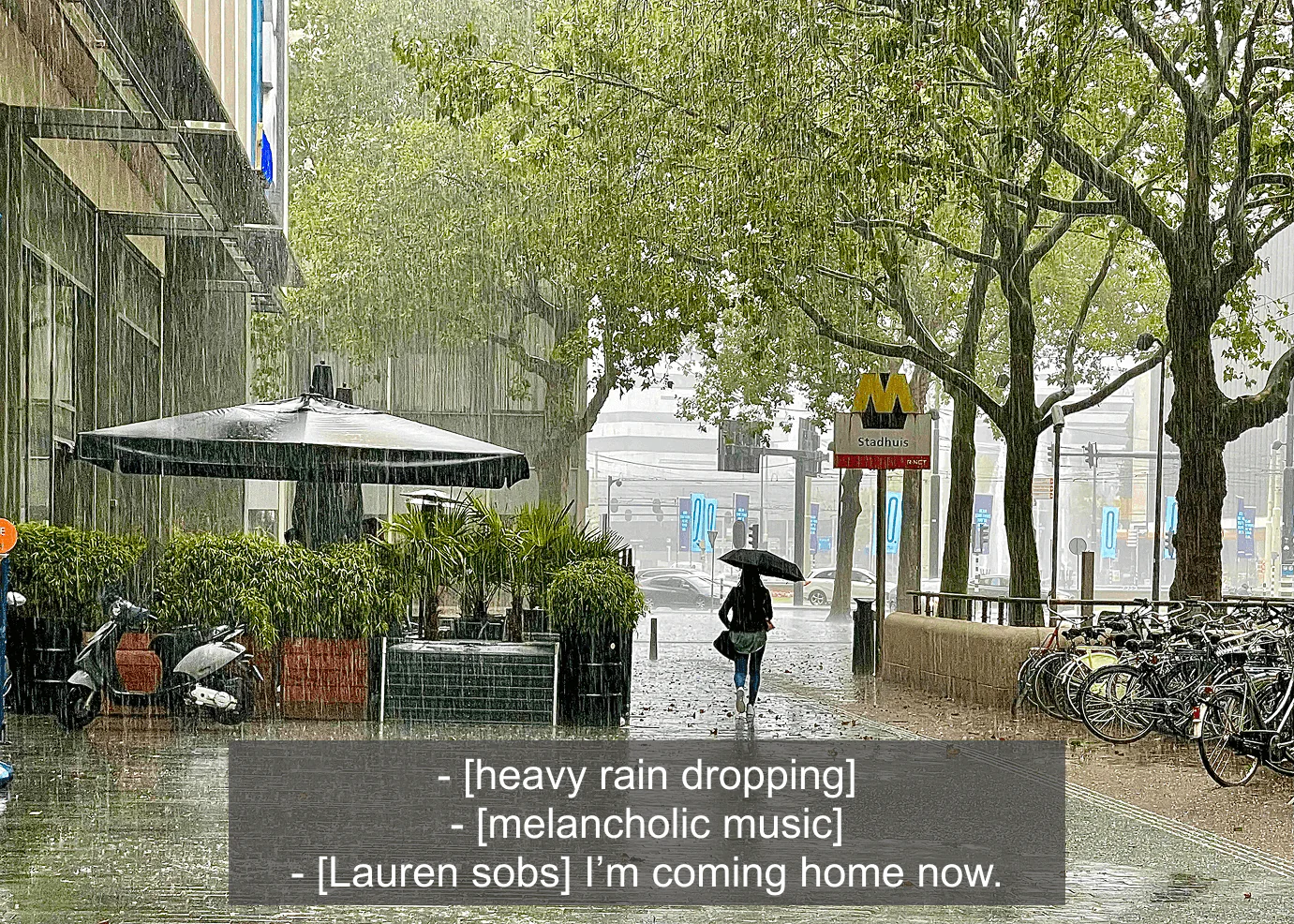 Closed captions on a scene of a woman walking through a city street in the rain holding an umbrella containing descriptions of the rain, music, and character dialogue.
