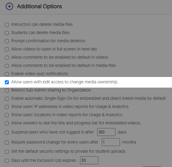 The setting to change ownership.