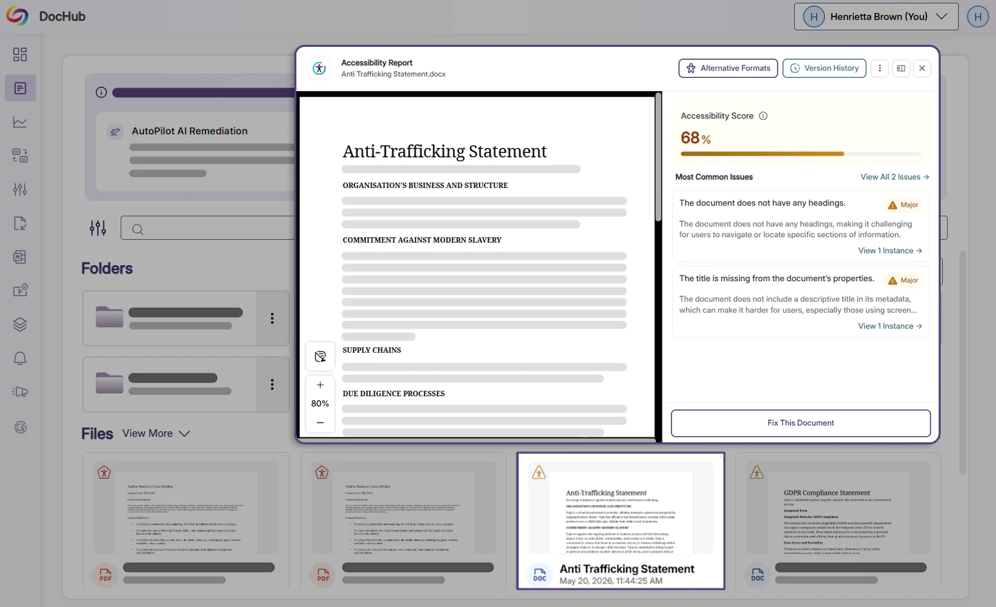 Screenshot of an accessibility report interface for an Anti-Trafficking Statement document, showing a 68% accessibility score with issues like missing headings and title.