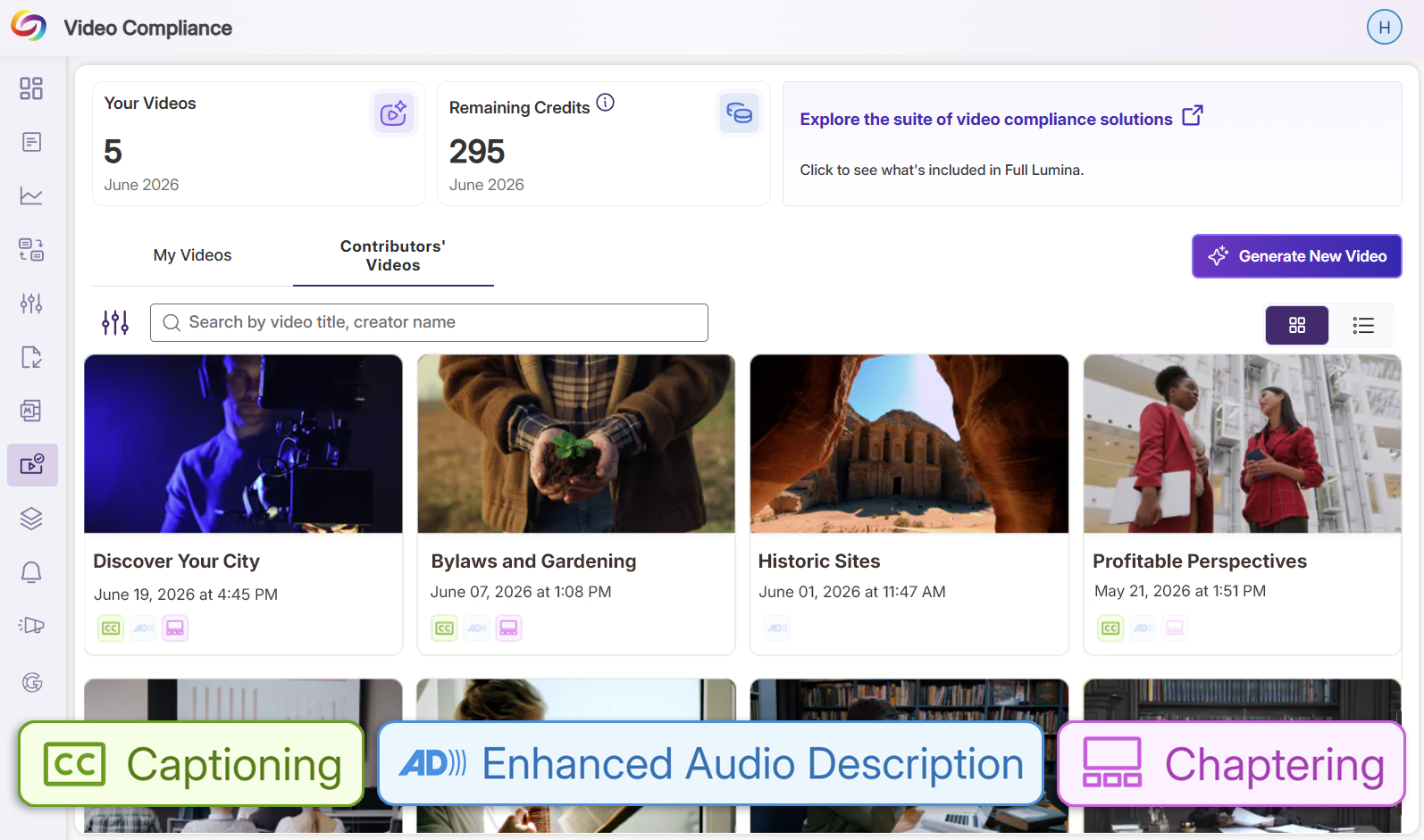 Screenshot of a video compliance interface, displaying videos with titles, thumbnails, and upload dates, alongside options for captioning, enhanced audio description, and chaptering, highlighting tools for video accessibility and compliance.