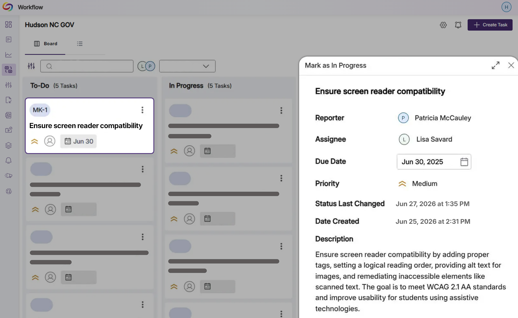 Screenshot of a project management board titled Hudson NC GOV showing tasks organized into To-Do and In Progress columns. A task card labeled Ensure screen reader compatibility is highlighted, displaying details including reporter, assignee, due date, priority, status changes, creation date, and a description focused on meeting WCAG 2.1 AA standards for accessibility.