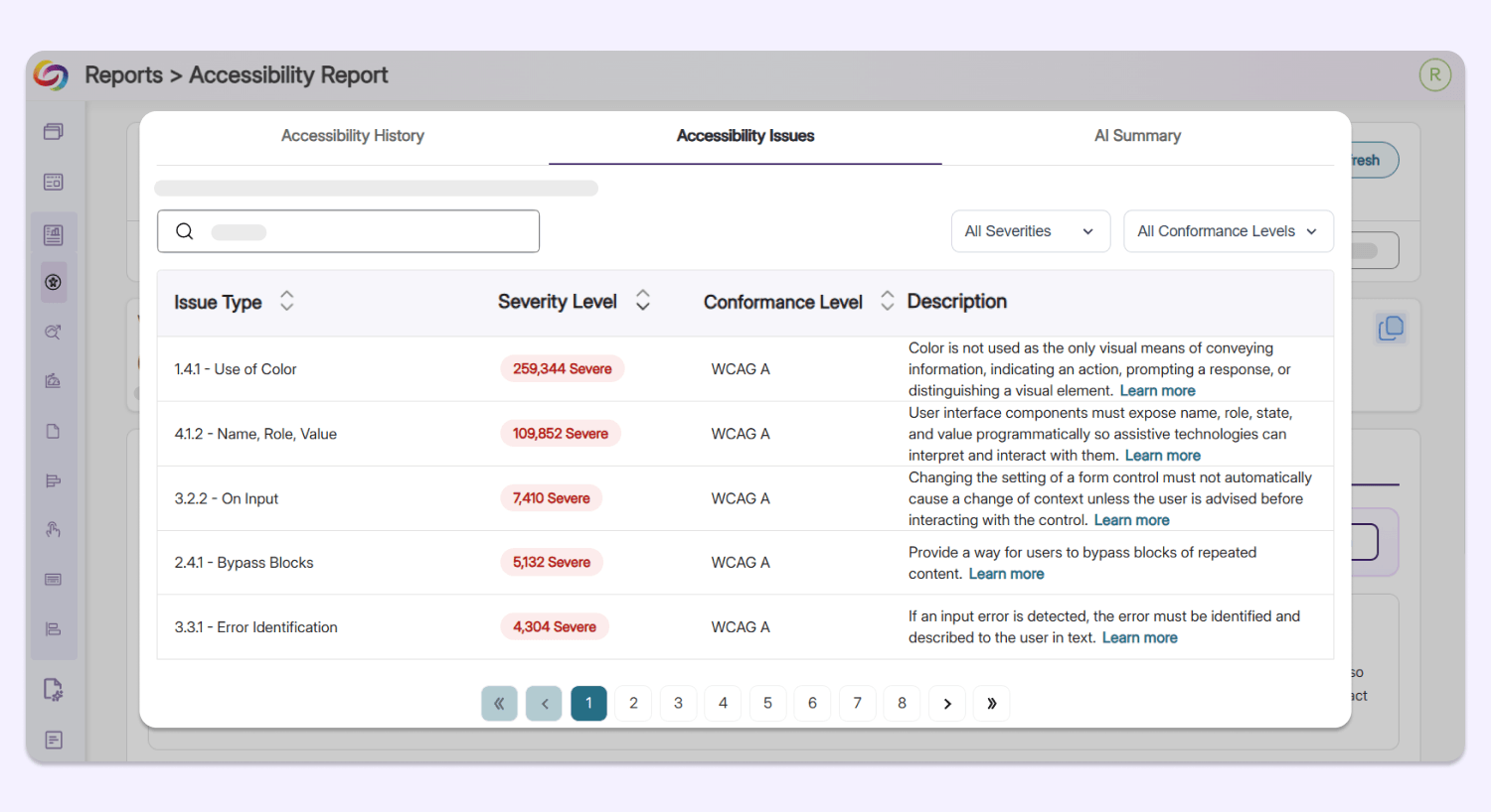 Issues breakdown: Organized in a neat table view, YuJa EqualGround shows the issue type, the severity level, the conformance level, and a short description of each issue identified on the user’s web assets, allowing users to identify major barriers instantly.