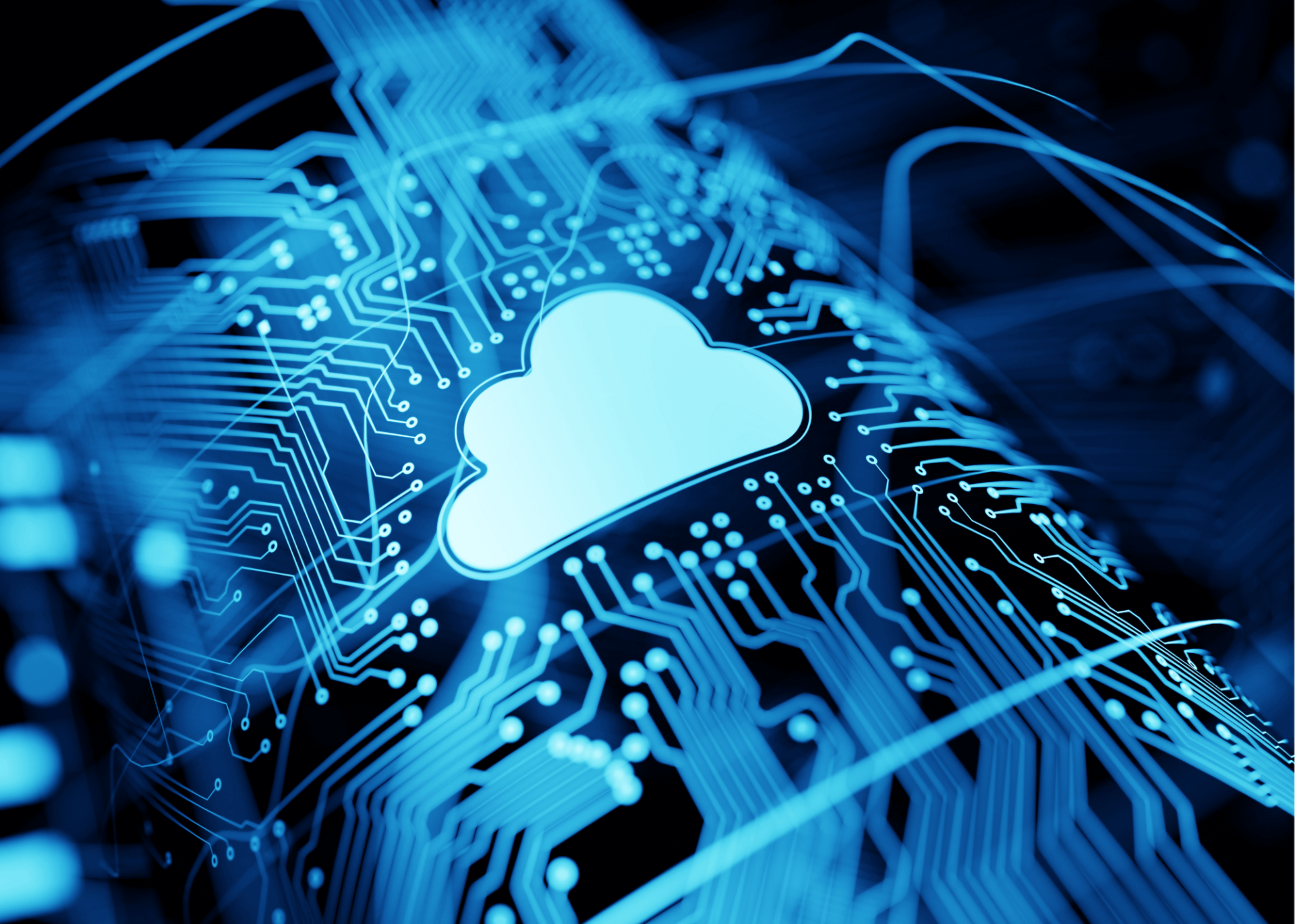 Image of cloud surrounded in digital circuitry