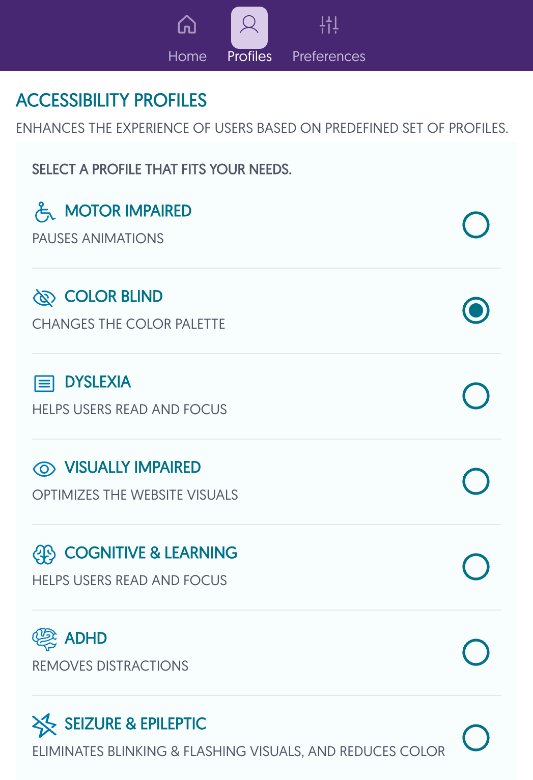 pop-up of accessibility profile options