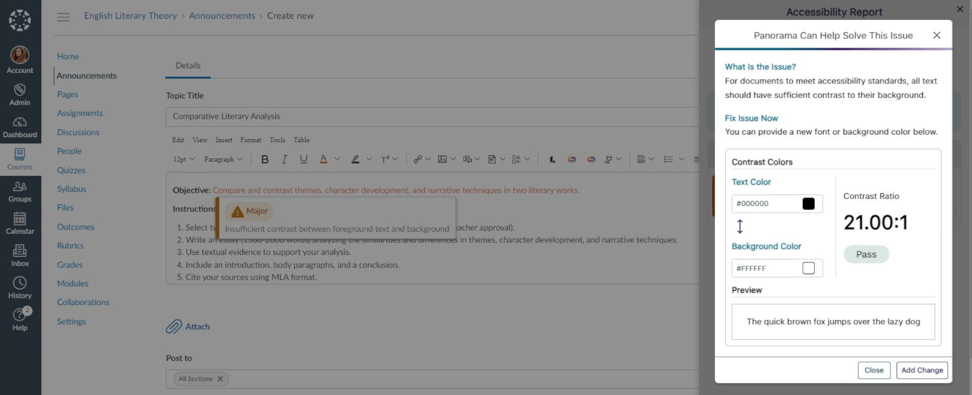 A color contrast issues is shown with a preview of the new changes that will be applied.