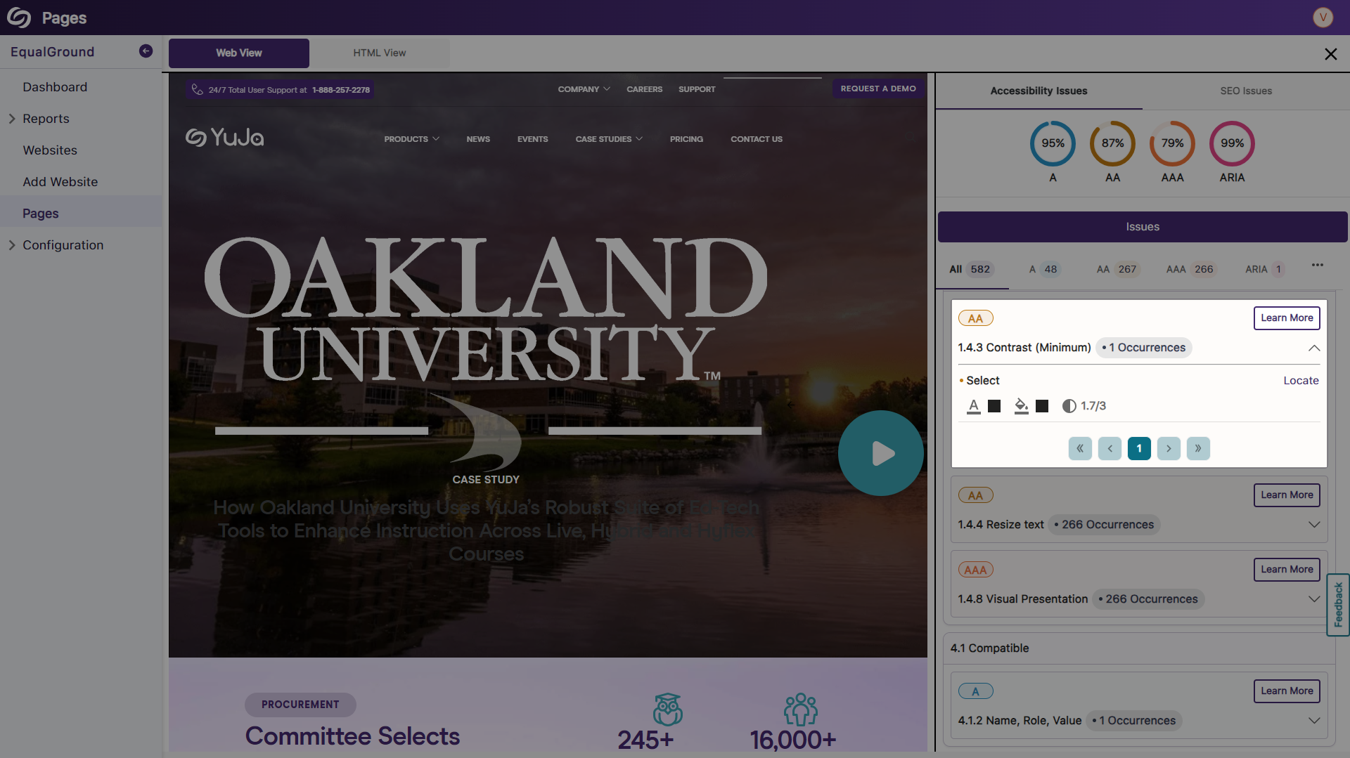 A color contrast issue is shown detected.