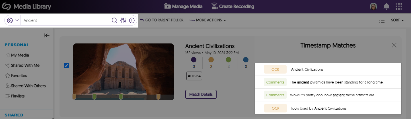 The search results page shows results for comments and OCR content