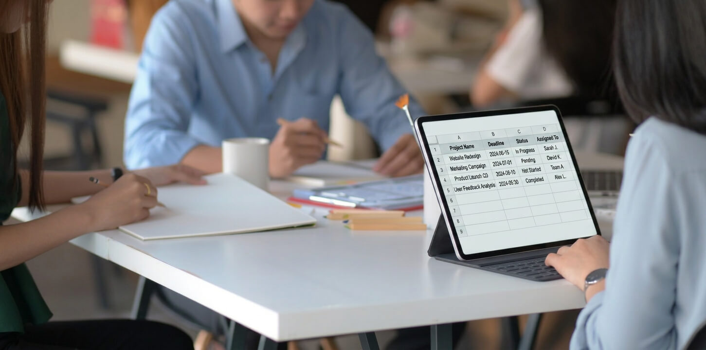 A group of people sitting around a table doing work. One person has a tablet open, and is viewing a table in a spreadsheet, with the headings: Project Name, Deadline, Status, and Assigned To.