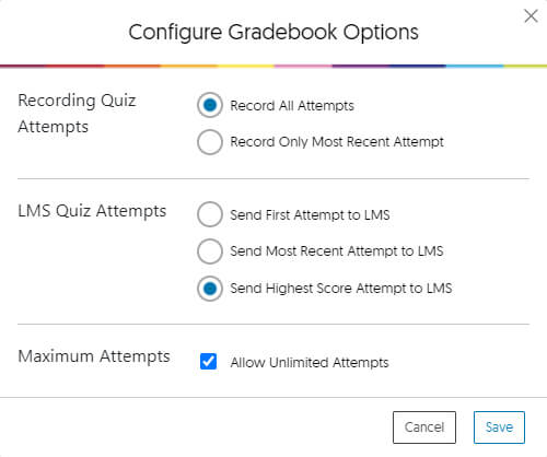 Screenshot of gradebook configuration options in YuJa Engage.