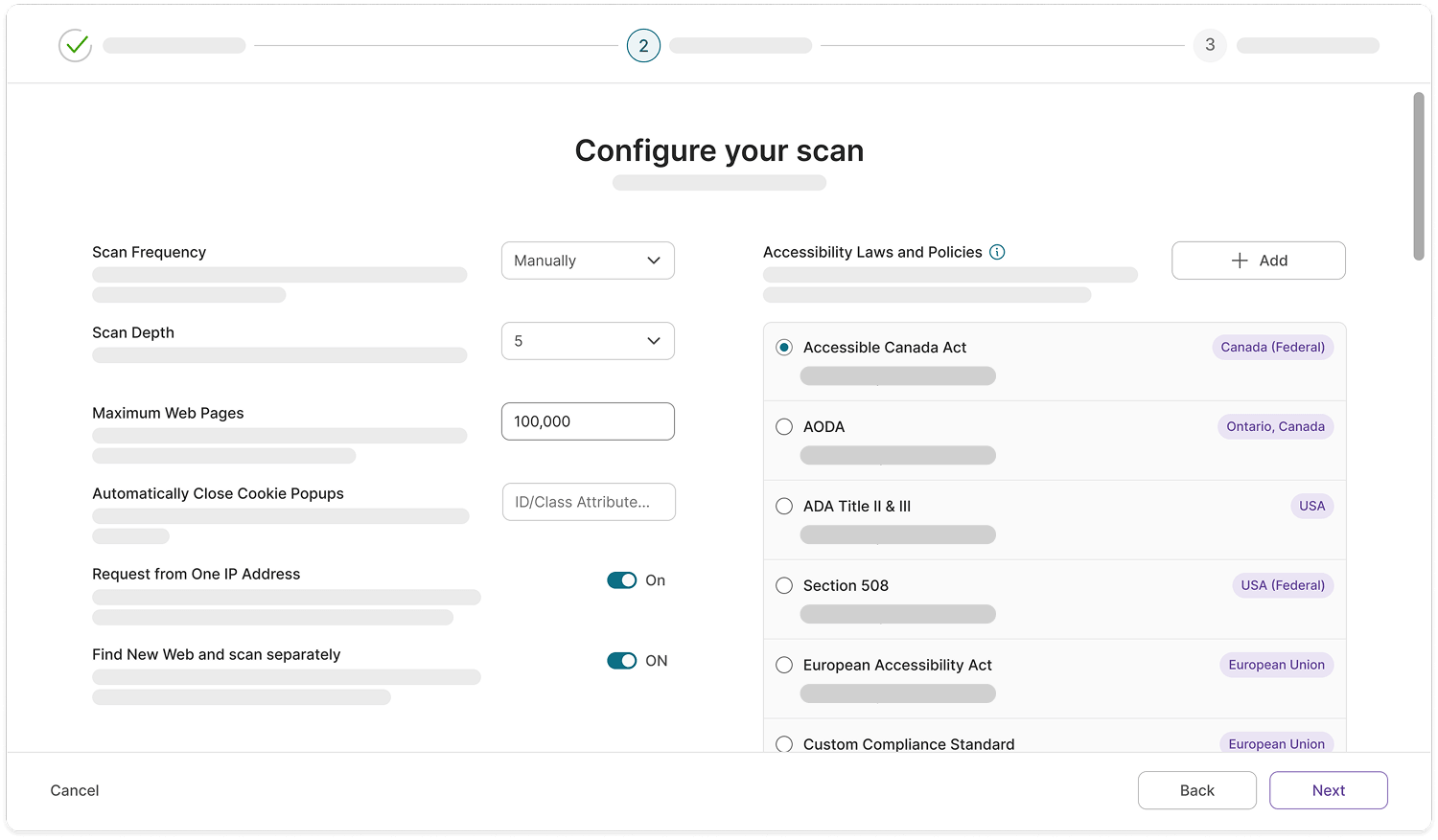 Mid-fidelity prototype of new Configure your scan interface in YuJa EqualGround showing all the settings configurations the user can choose from.