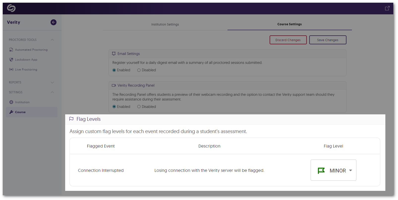 Verity's Course Settings option to adjust the flag level of Connection Interrupted.