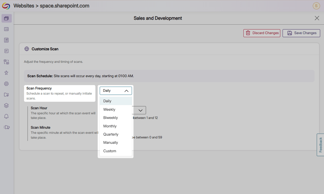 Changing site scanning frequency for Sharepoint sites in EqualGround