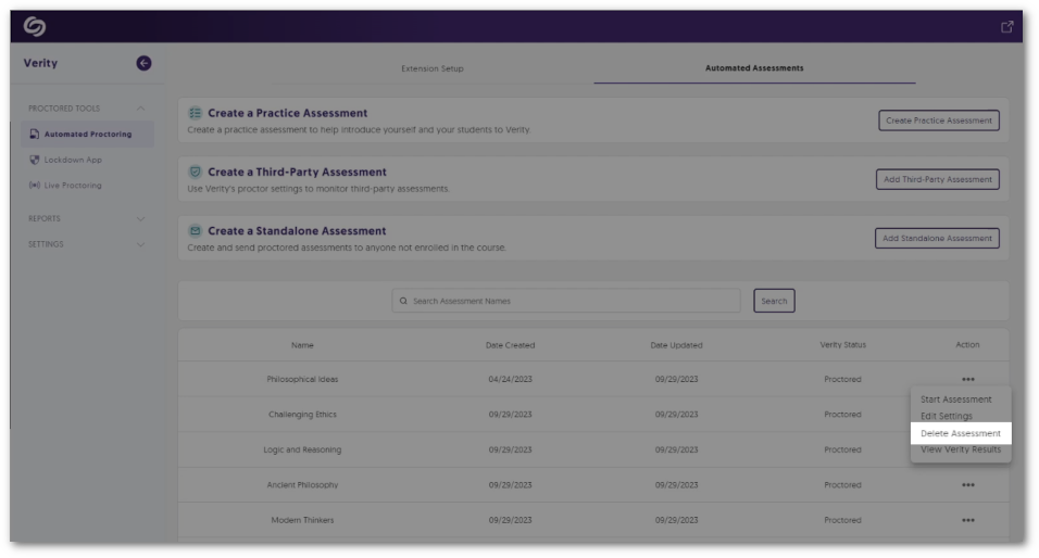 Option to delete an assessment from the Assessment tab.