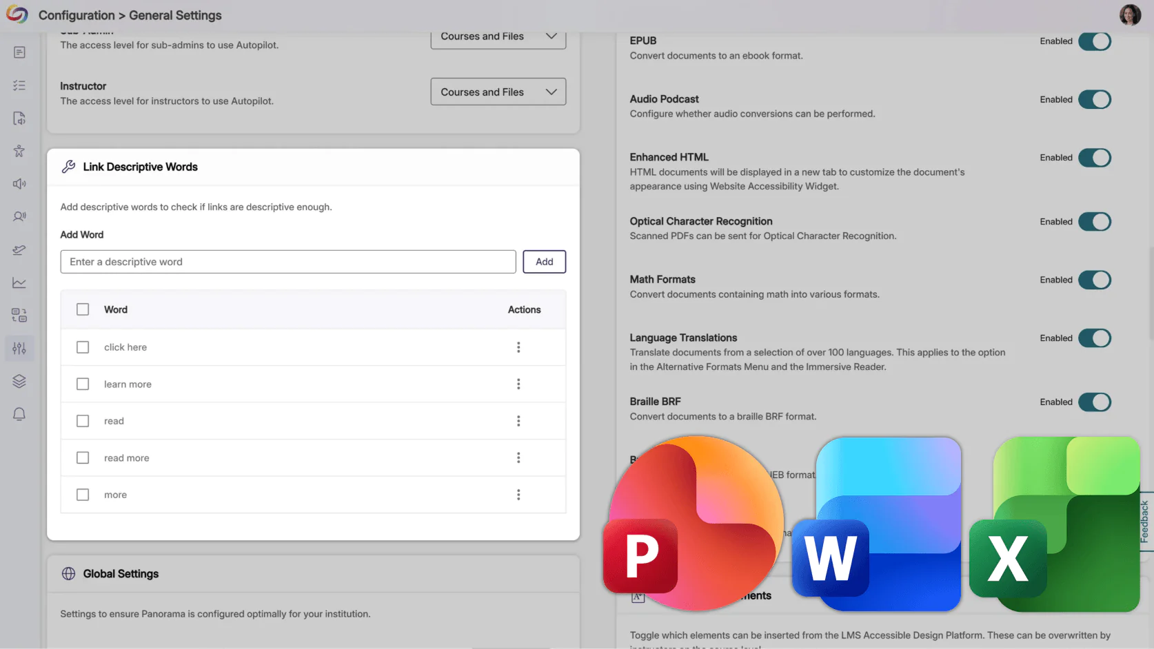 YuJa General Settings page, highlighting the Link Descriptive Words setting that allows users to check if link text is descriptive enough, with overlayed images of Microsoft PowerPoint, Word, and Excel icons.