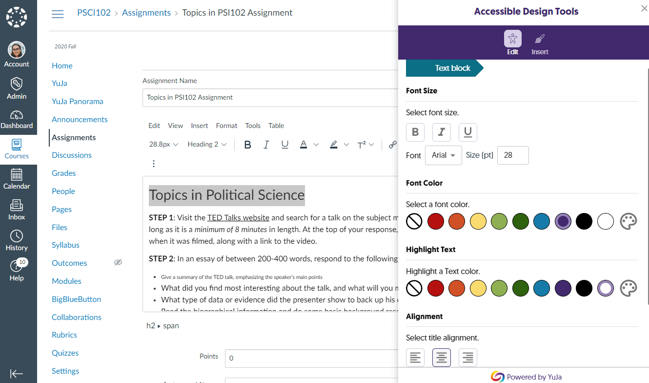 Image showing an assignment in Canvas with the accessible design tools open.