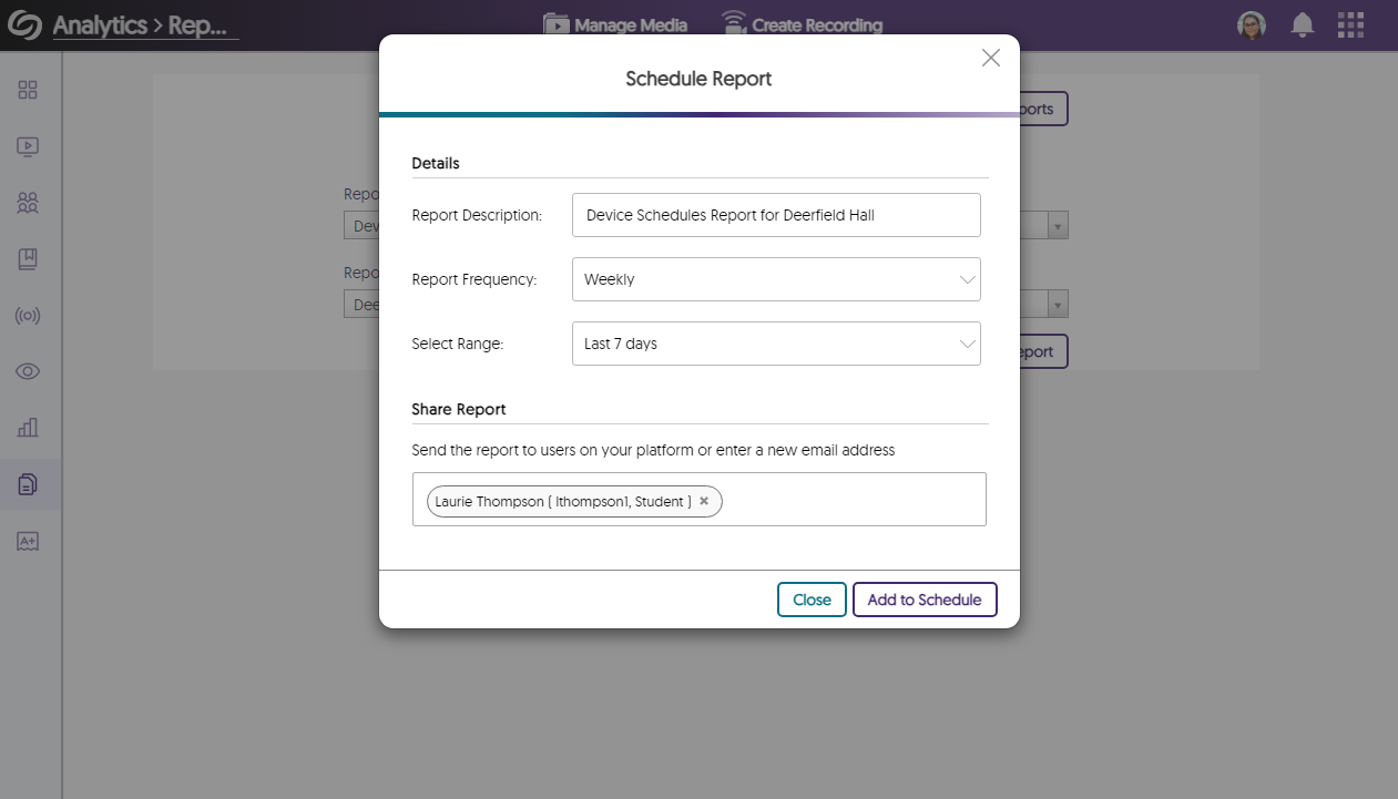 A modal to schedule a device report.
