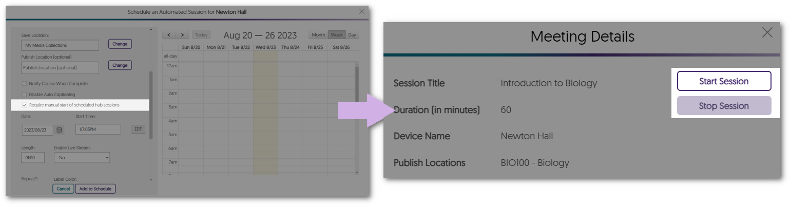 Meeting details panel showing Start Session and Stop Session options.
