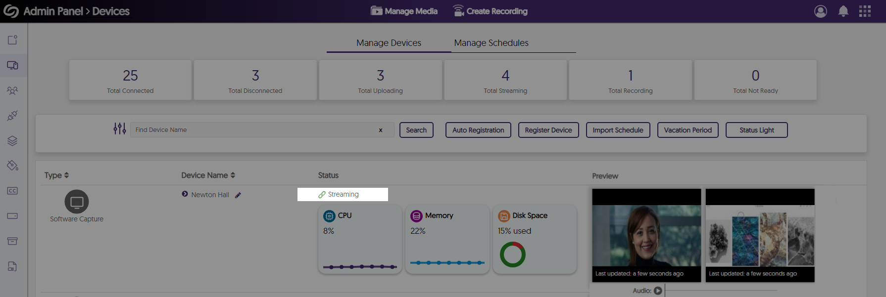 The Devices page showing a software capture device streaming. 