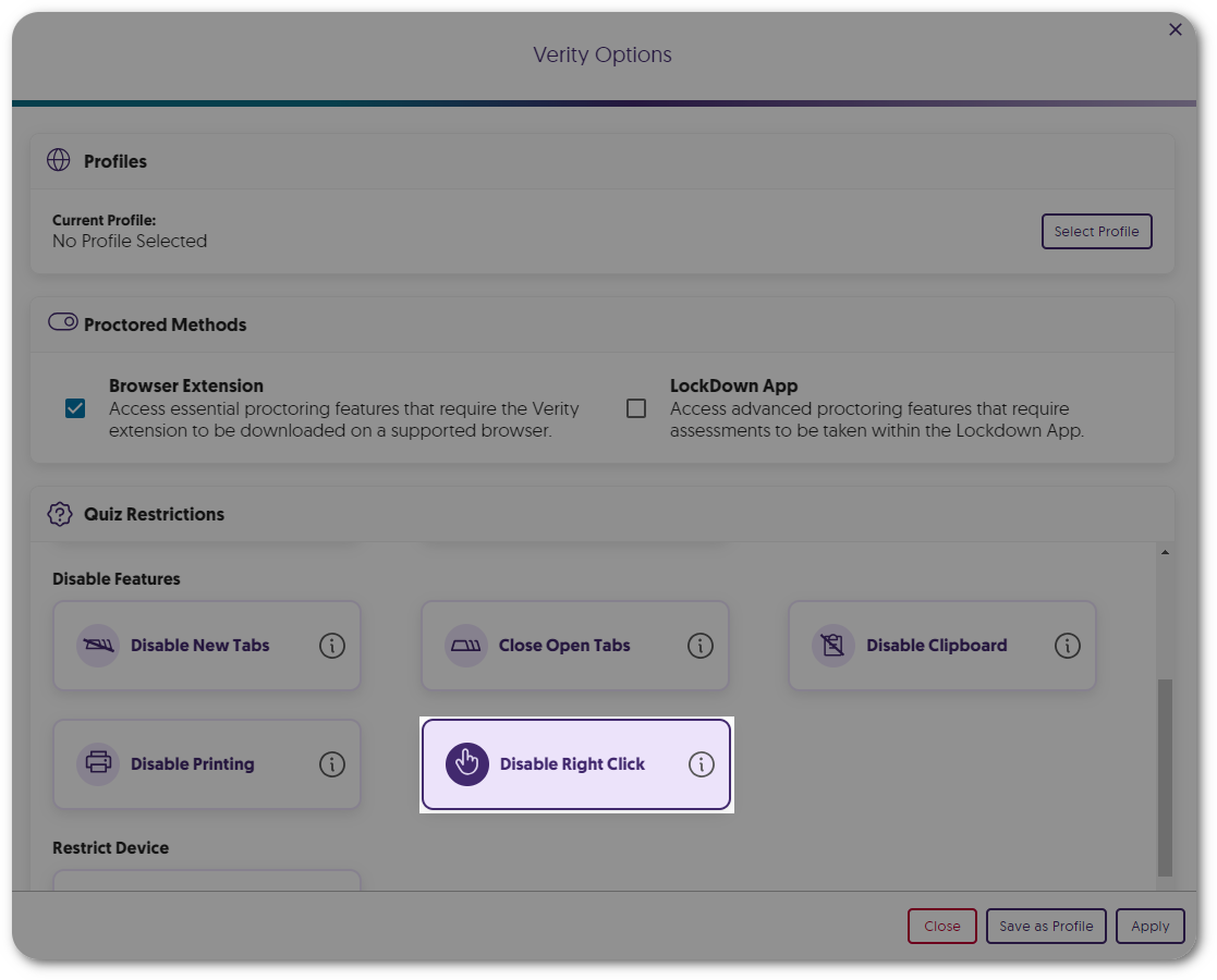 Verity Quiz Restriction to disable right-click.