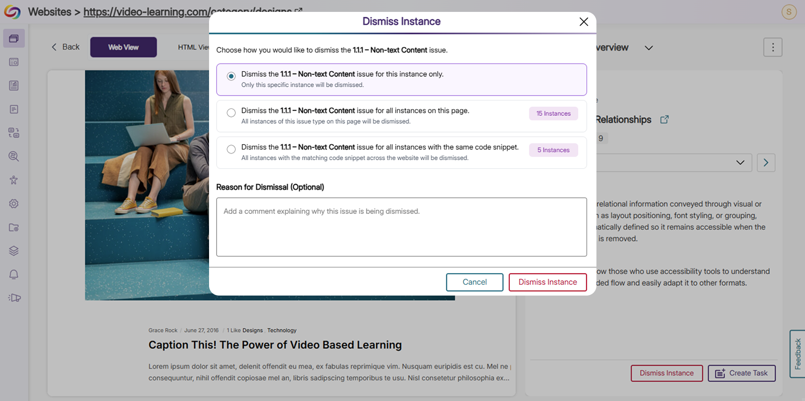 Menu interface to dismiss an accessibility issue in EqualGround.