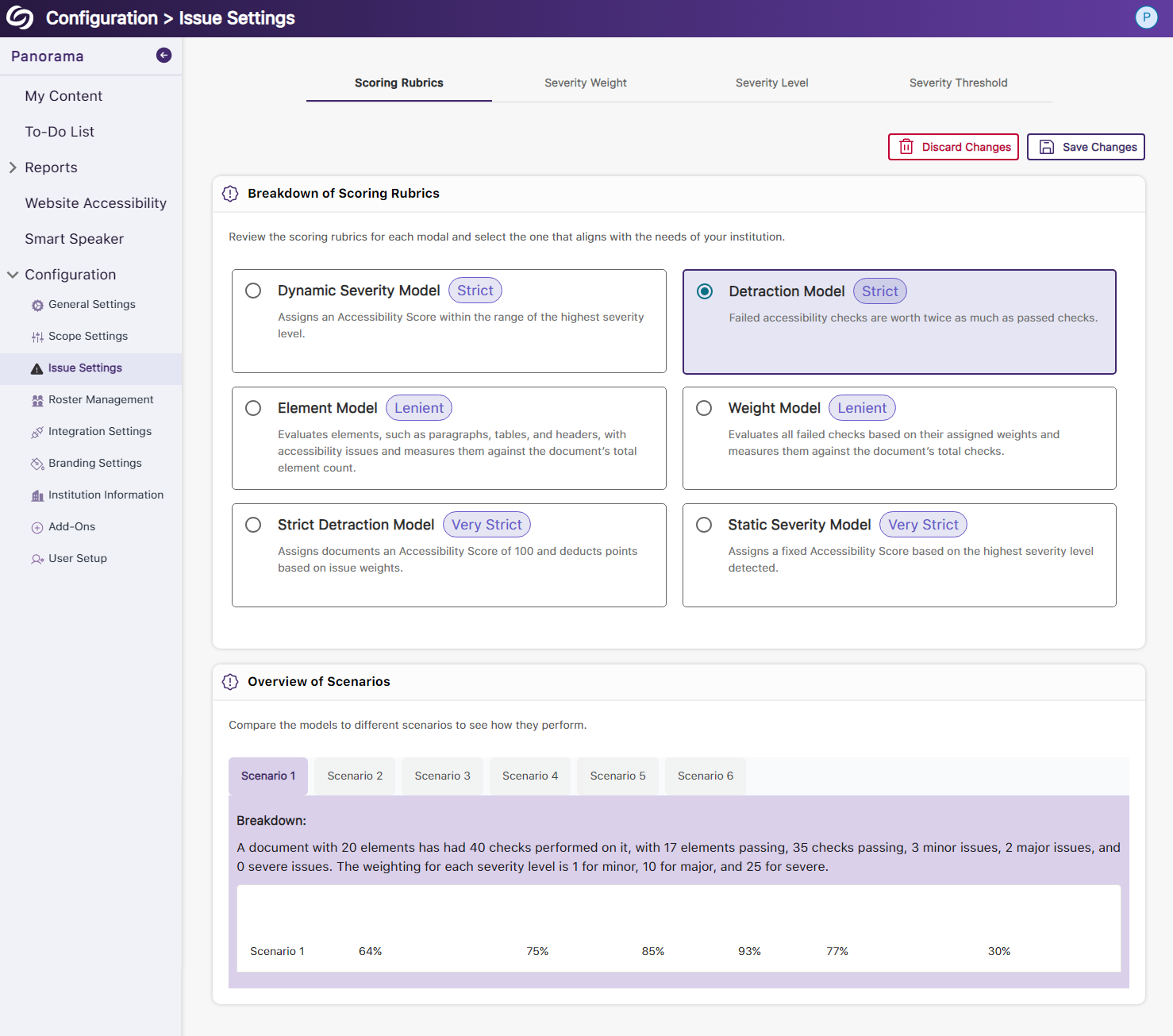 Panorama's Scoring Rubric page showing various rubric modals and detailed scenarios. 