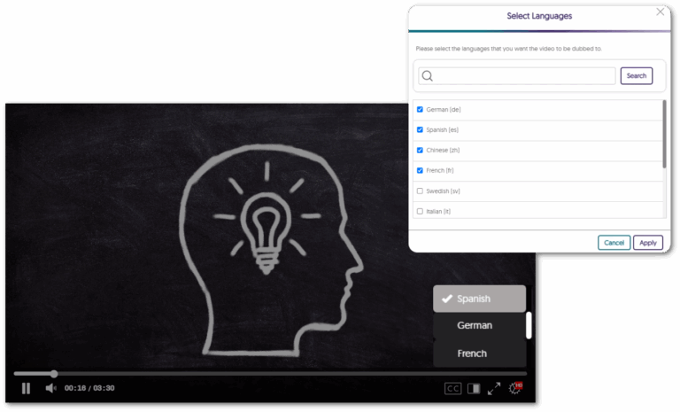 A modal in list view to select various languages.