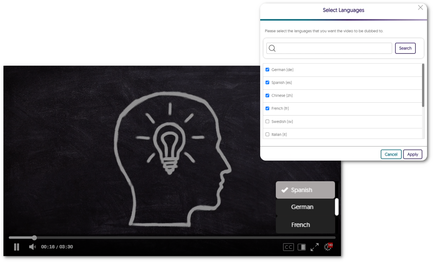 A modal in list view to select various languages. 