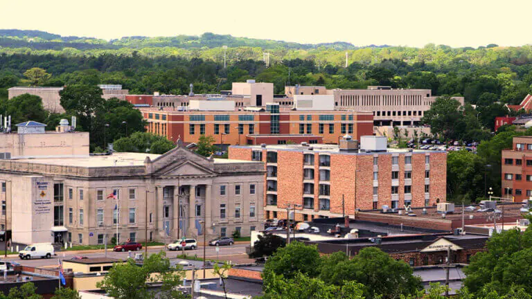 An aerial view of government buildings in Eau Claire County, Wisconsin.