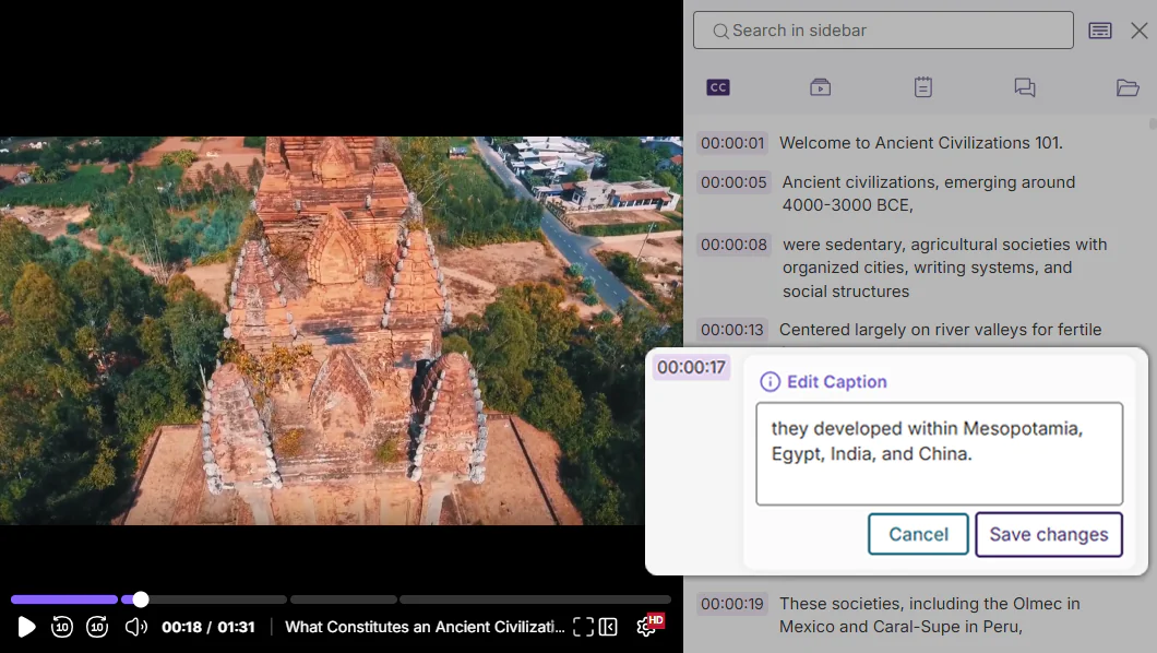 Video with the sidebar menu open, showing someone editing captions inline.