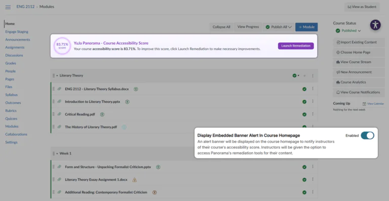Embedded banner on course homepage that provides course accessibility score and allows users to quick launch remediation.
