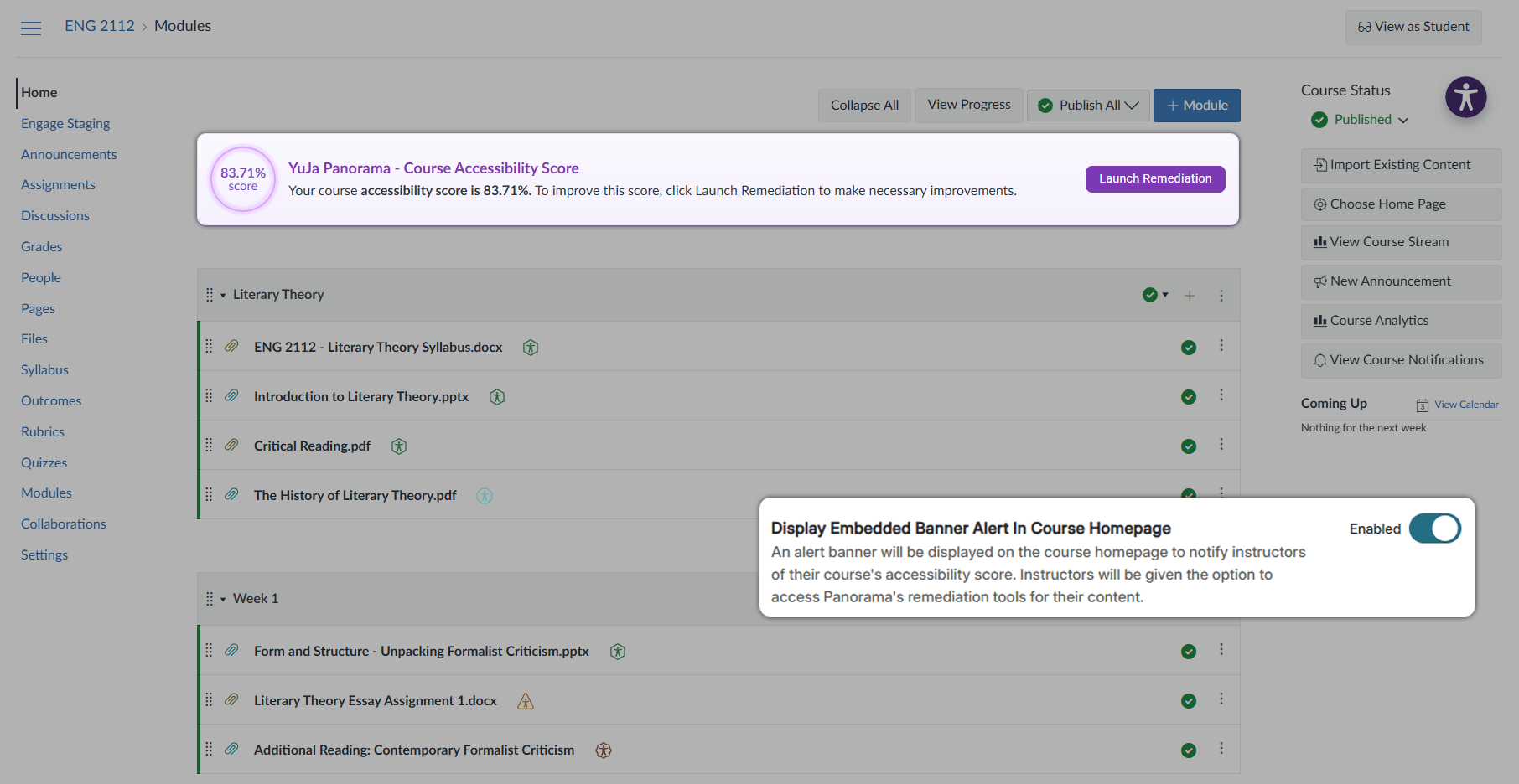 Embedded banner on course homepage that provides course accessibility score and allows users to quick launch remediation.