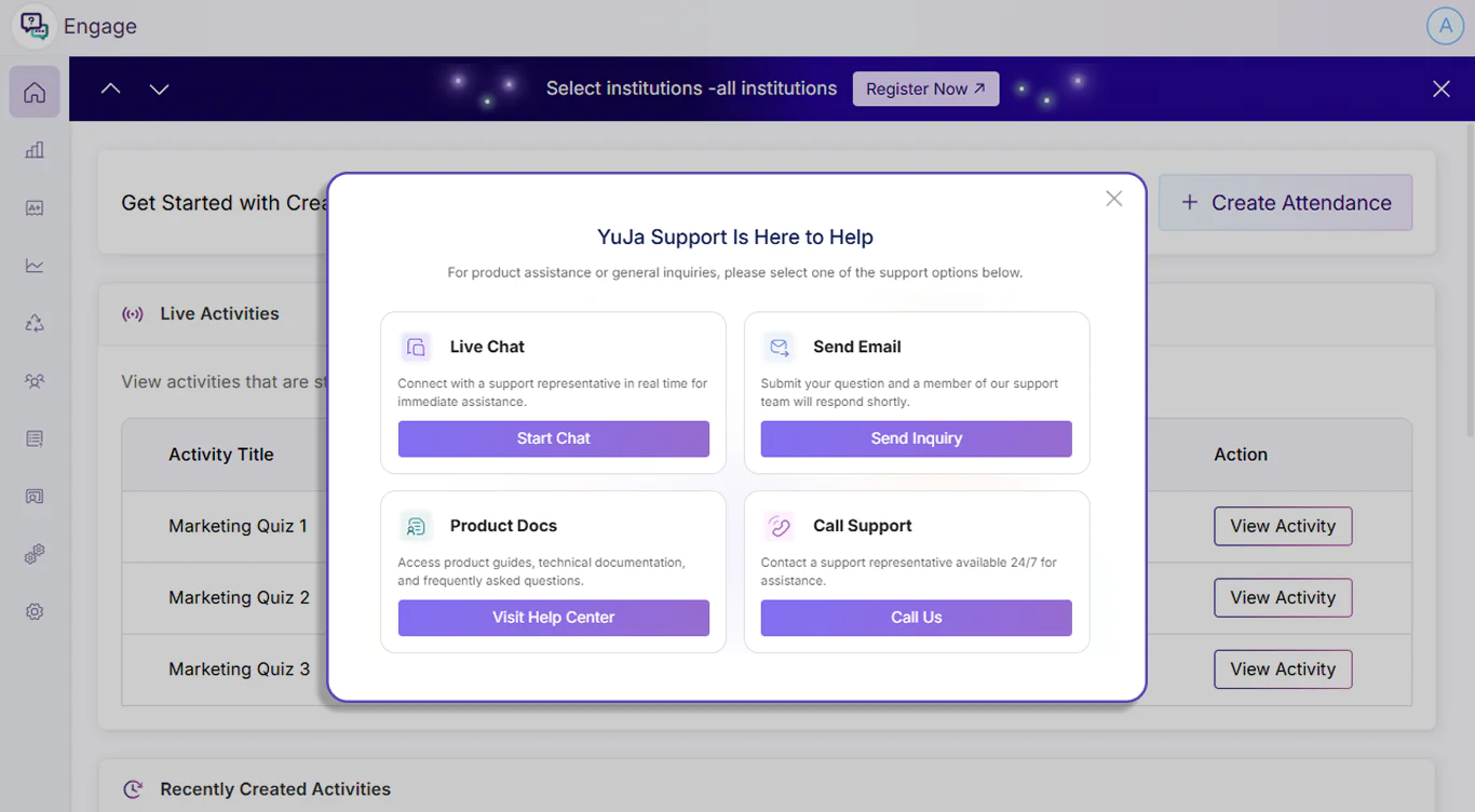 A new support modal with Live Chat, Send Email, Product Docs, and Call Support options.