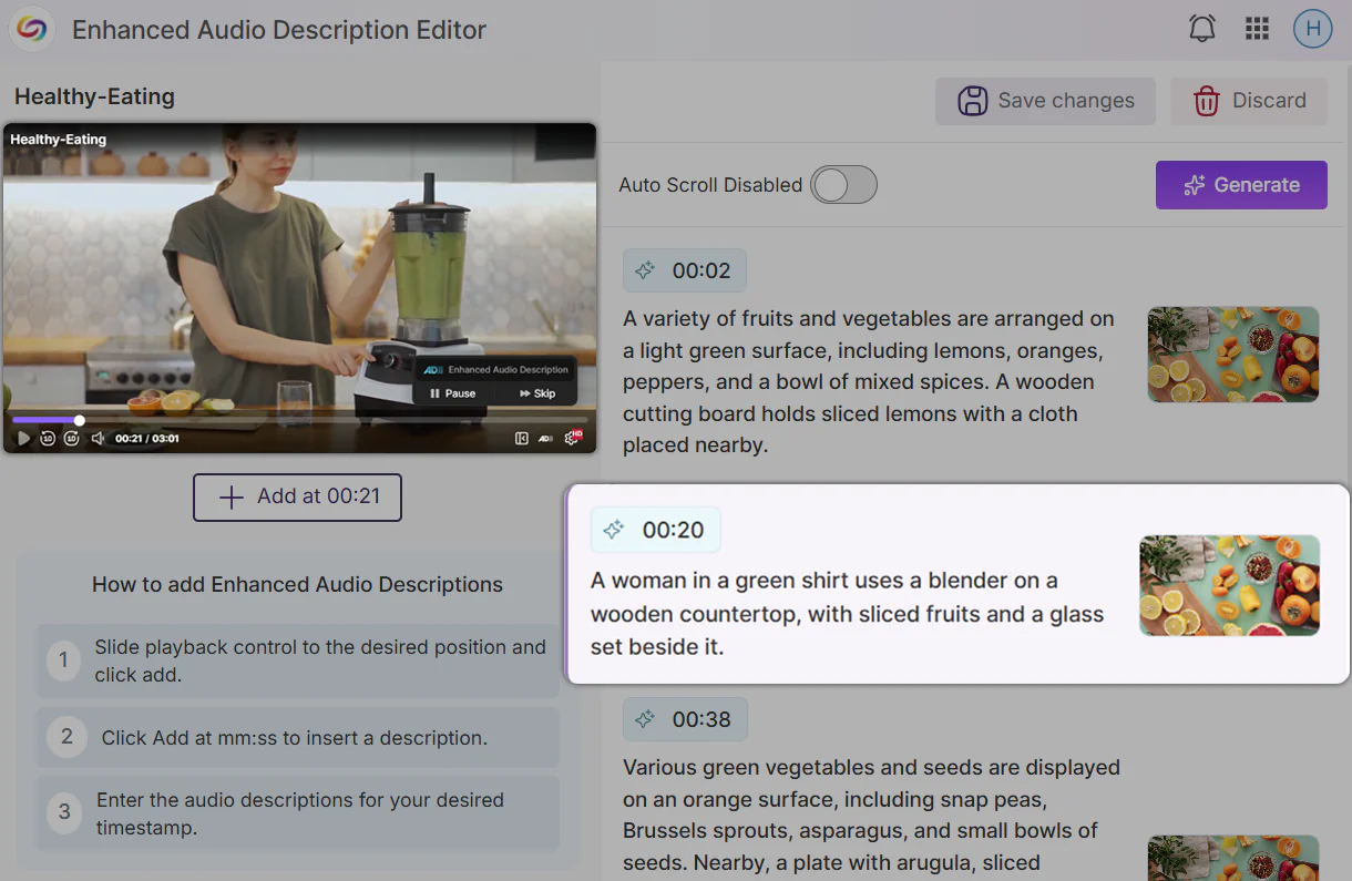The Enhanced Audio Description Editor with auto scroll enabled, highlighting the audio description that matches the video frame.