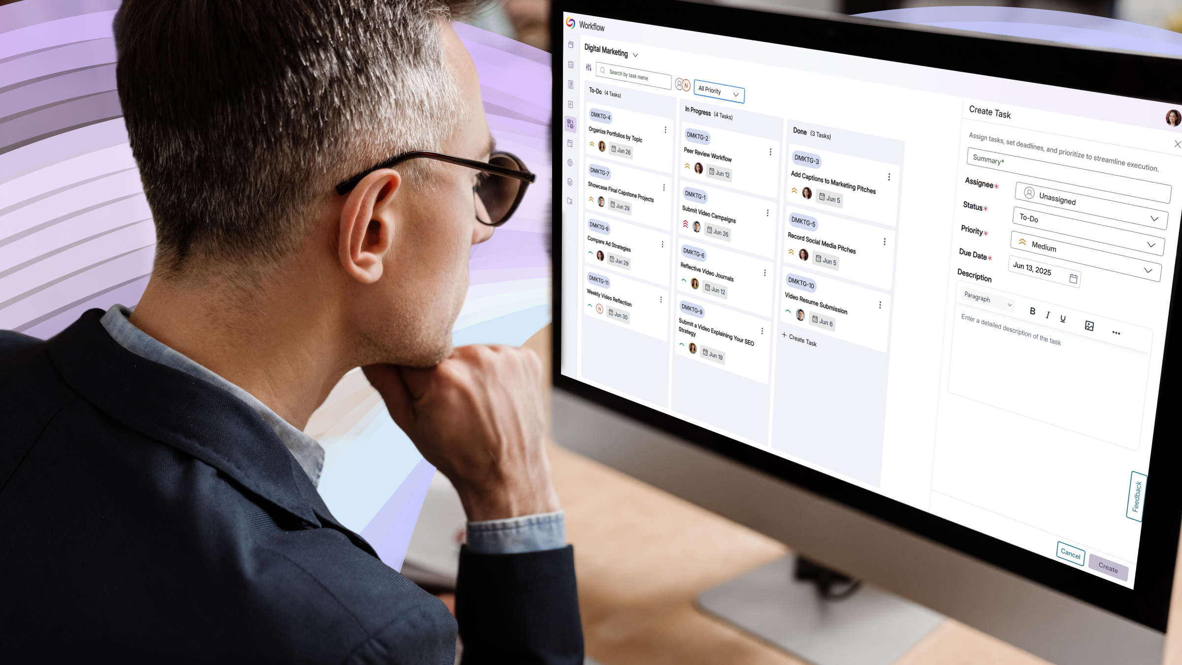 A man uses the YuJa EqualGround Workflow Orchestration Module on his PC.