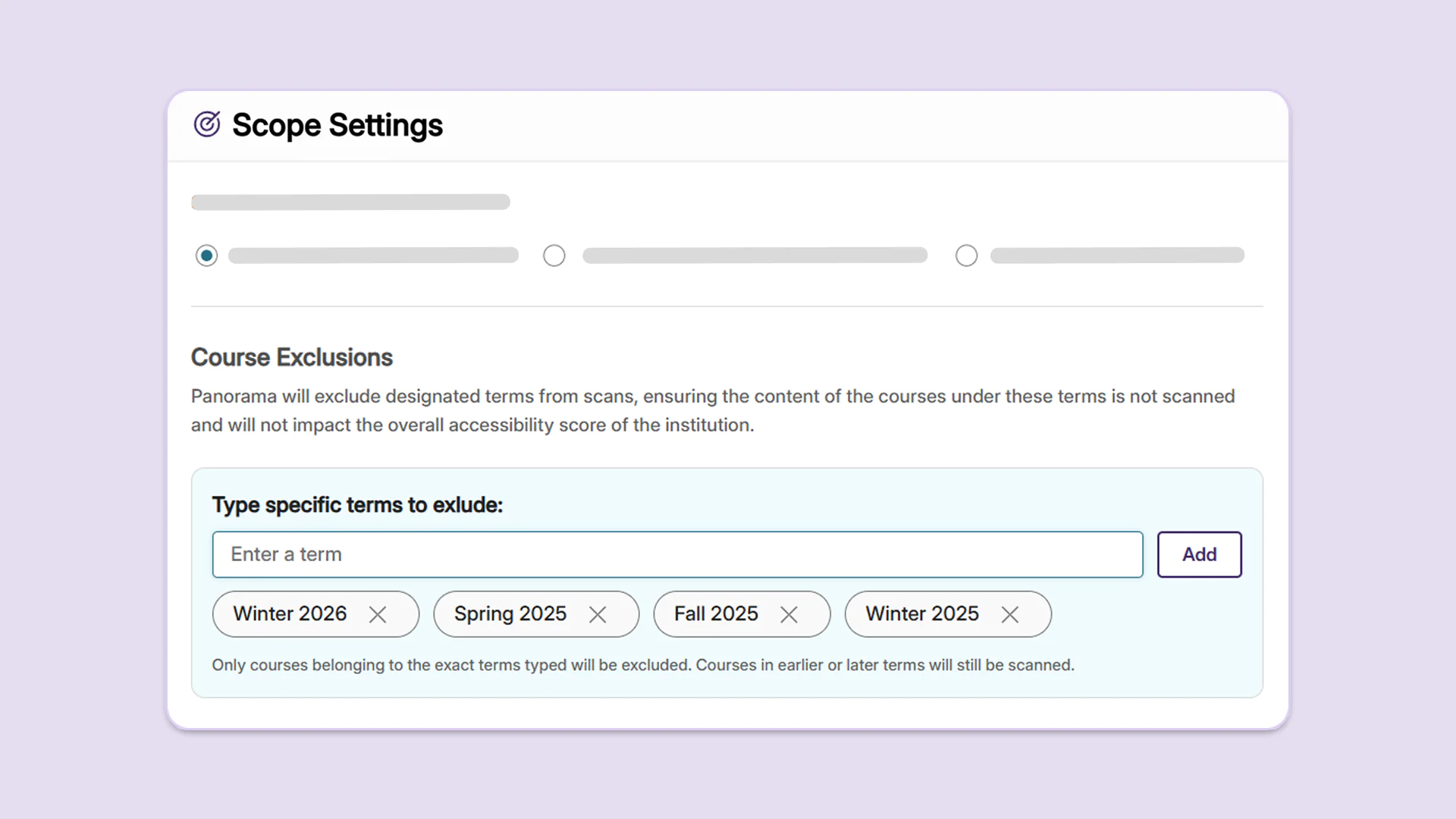 Screenshot of a software interface showing scope settings for course exclusions, allowing users to exclude specific academic terms from scans.