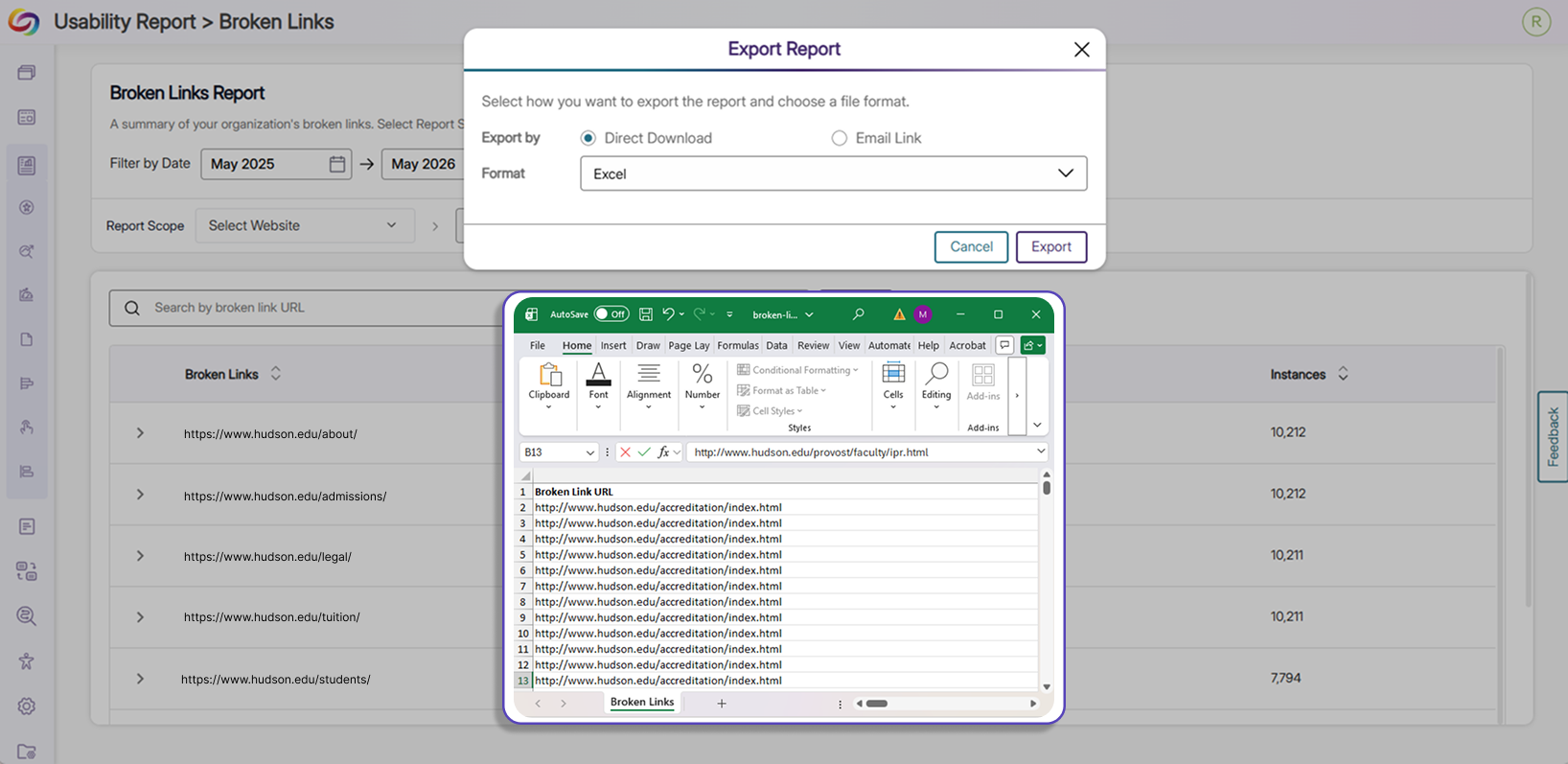 Data Exporting: The Broken Links Report can be exported in Excel, CSV, and JSON file formats, and contain columns for the broken link URL, the web page URL in which the link can be found, and the number of instances of the broken link.