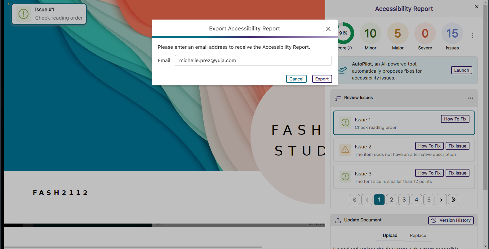 A modal showing the option to send the report to an email.