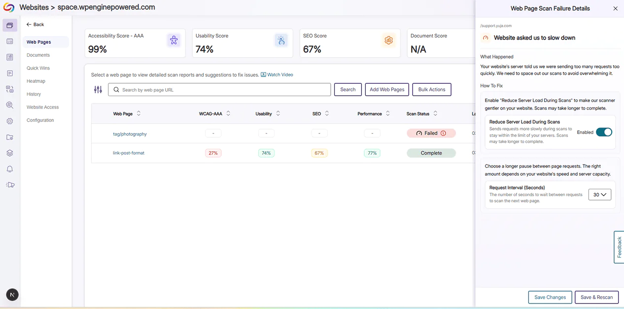 Web scan failure details panel in the EqualGround interface