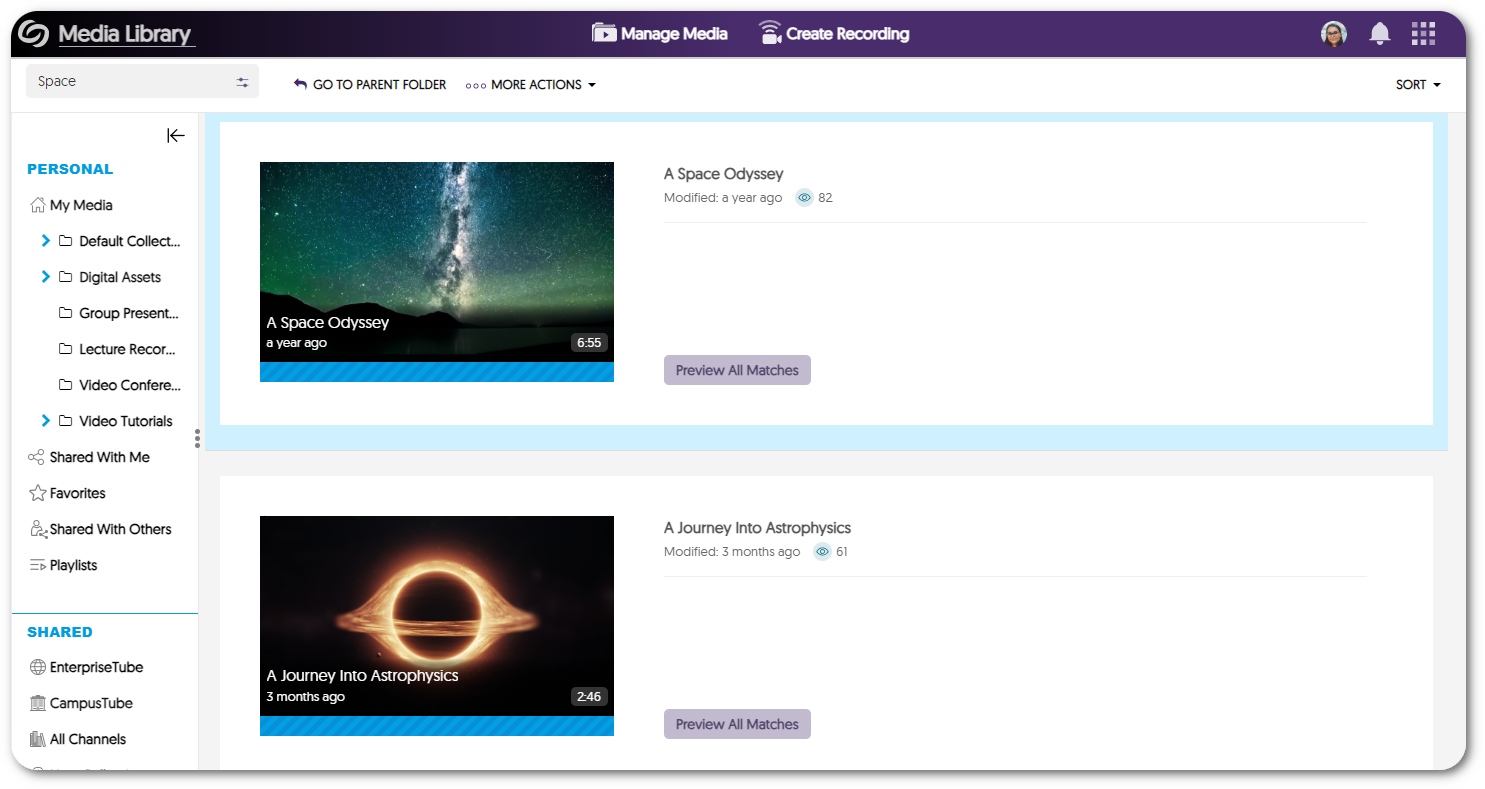 A list of videos searched for on the Video Platform.