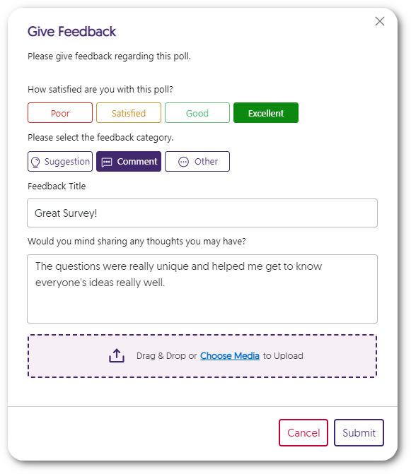 A feedback form asking students to rate their satisfaction. 