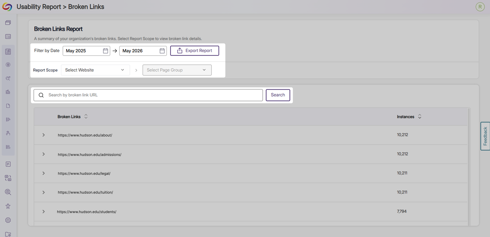 Data Filtering: The Broken Links Report includes data filters, scope dropdowns, a search bar, and a table displaying all broken links for the user to analyze and locate broken links they wish to prioritize.