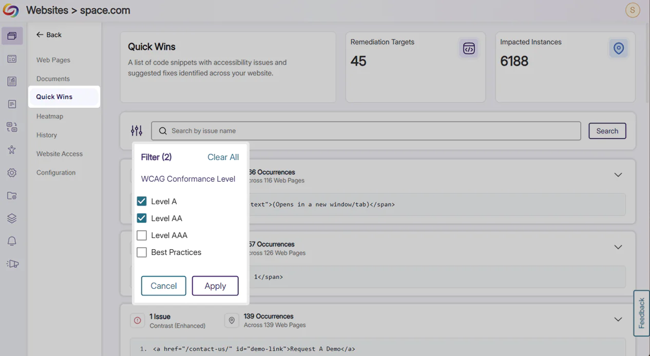 Filtering Quick Wins in EqualGround using accessibility conformance standards