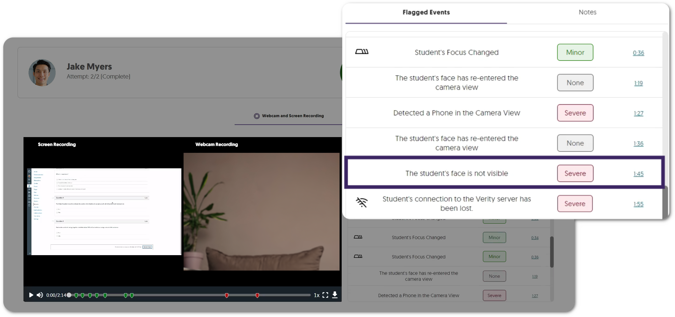 A student is not visible in the camera view and the issue is fagged under Flagged Events.
